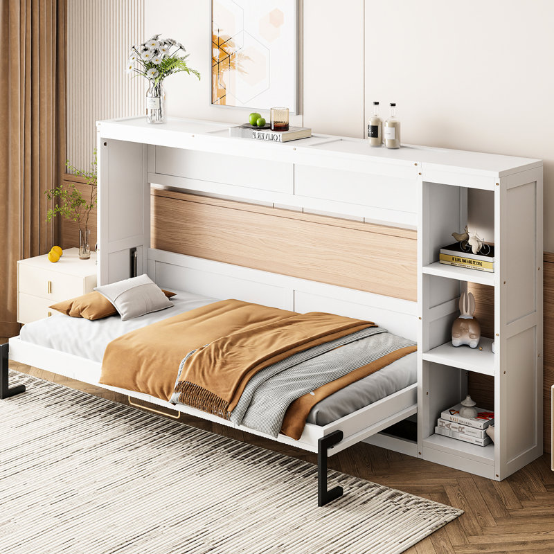 Lit simple avec armoire de rangement avec bibliothèque blanche - unité de rangement robuste et spacieuse, Lit simple
