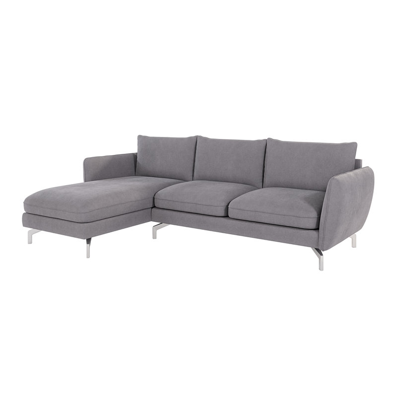 Modern Corner Chaise Sofa Kimo with Silver Metal Legs, Grey, Left Hand Facing