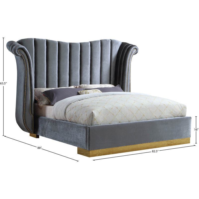 Cicero Upholstered Wingback Bed, Grey Velvet, Queen