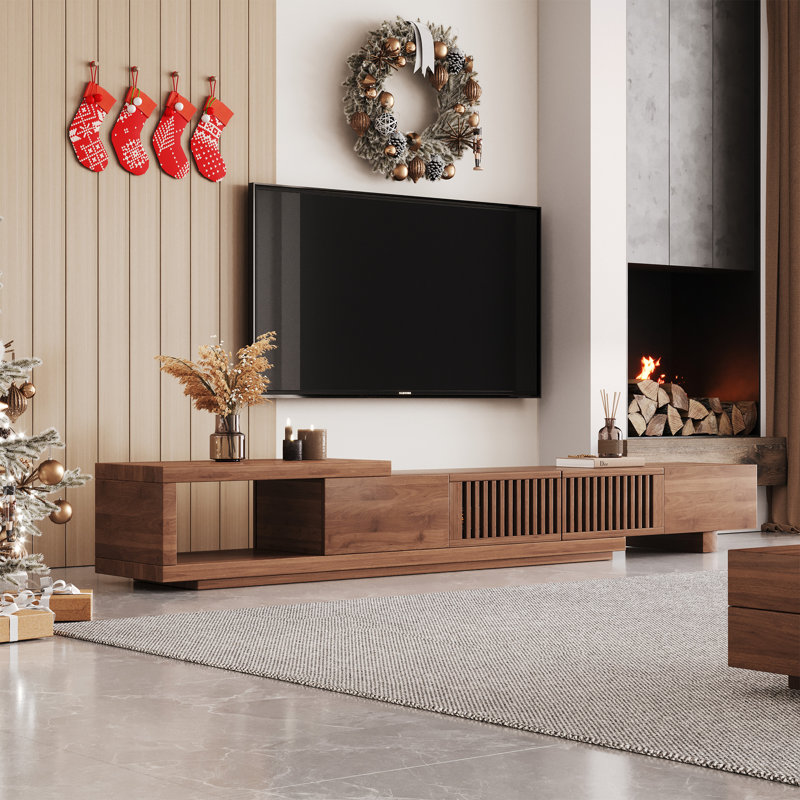 Adjustable Width TV Stand Cabinet in Walnut, 2m-2.6m, with Cable Ports & Large Storage, for 75-100 Inch Televisions