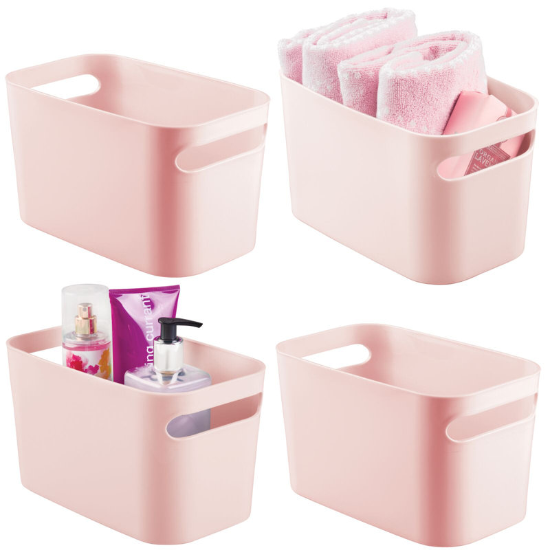 mDesign Deep Plastic Bathroom Storage Bin with Handles, 10" Long, Light Pink, 4