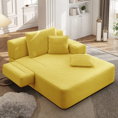 Luxurious Plush Corduroy Chaise Lounge with 3 Pillows, Convertible Sofa Bed with Storage Pocket, Frameless Design & Compression Foam for Small Spaces, Living Room, Apartment