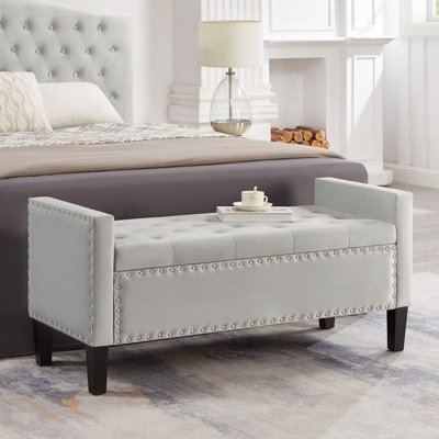 Upholstered Tufted Button Storage Bench With Nails Trim,Entryway Living Room Soft Padded Seat With Armrest,Bed Bench - Cream