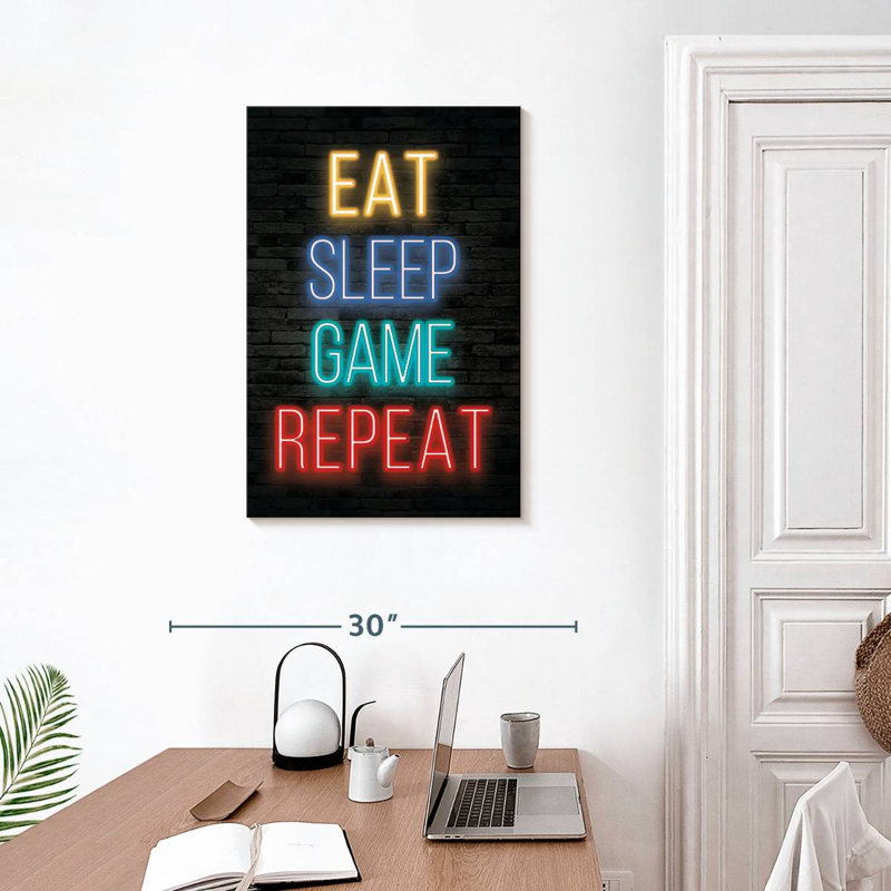 Neon Eat Sleep Game Répétition sur toile, H 30 po x l 20 po x P 1,25 po