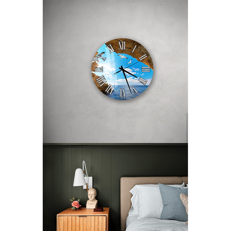 Grande horloge murale en verre trempé - vue sur l'océan et mouettes volantes, décoration côtière à bord d'une falaise, cadeau d'art naturel pittoresque