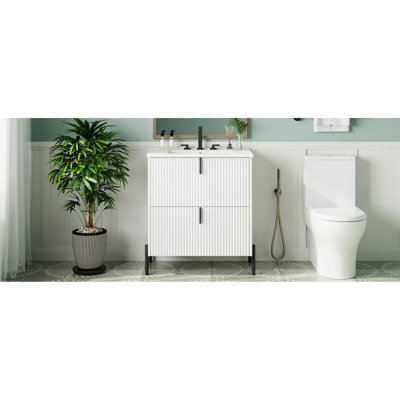 Meuble-lavabo blanc de 30 po avec lavabo en céramique, système de tiroir à fermeture en douceur, aspect cannelé et rangement optimal
