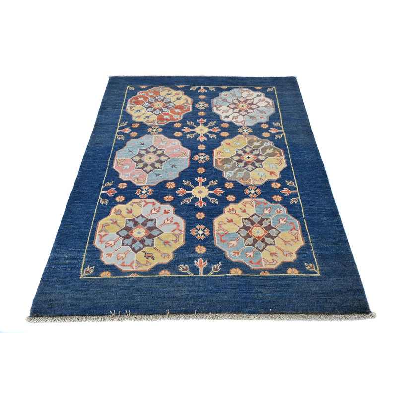 Tapis oriental moderne géométrique bleu marine unique 3 x 5 One-of-a-Kind