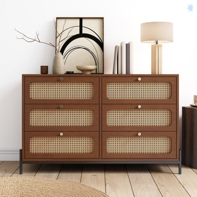 Buffet moderne en bois et rotin avec commode à 6 tiroirs pour chambre à coucher, salon, entrée, couloir, noyer