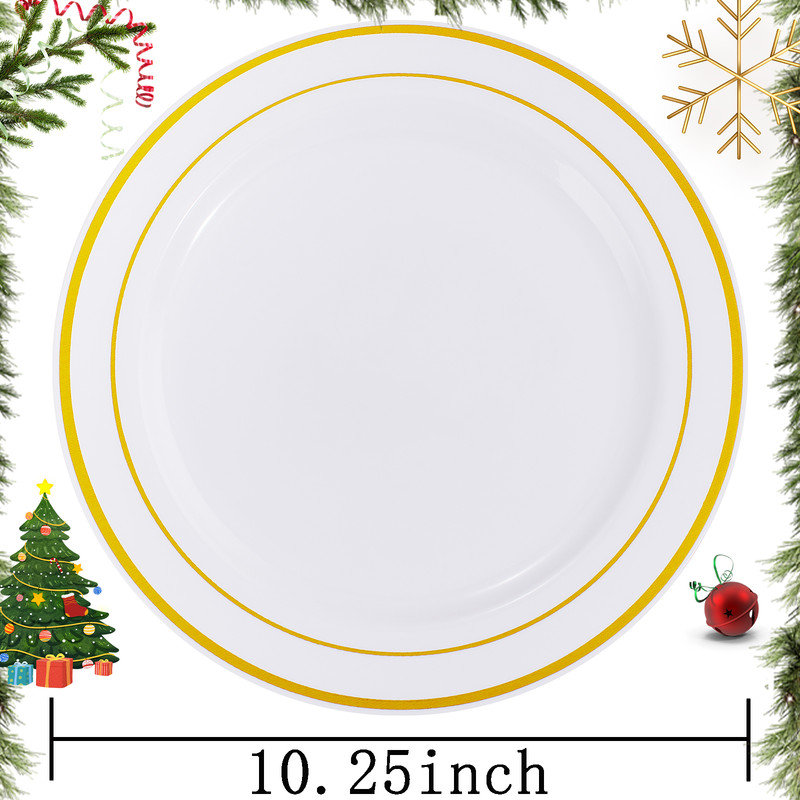 WELLIFE 60pcs Gold Plastic Plates,10.25 inch Gold Rimmed Dinner Plates , White Disposable Plates , Perfect for Parties or Wedding