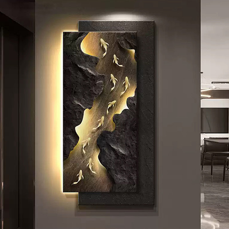 23.62" 3D Sandstone Nine Fish Decorative Painting, 47.24" H x 23.62" W x 0.98" D