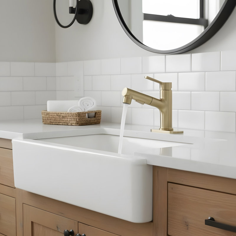 Modern Bathroom Sink Faucet with Pull-Out Sprayer and Pop-Up Drain, Brushed Gold