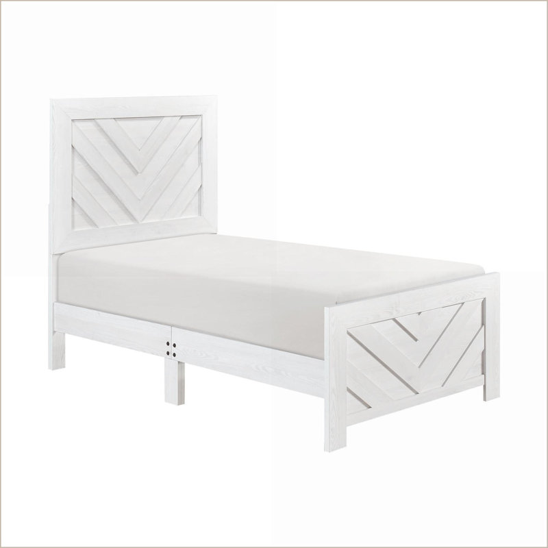 Lit simple à panneau en bois avec finition blanche à motif en V - Mobilier de chambre à coucher compact livré dans une boîte
