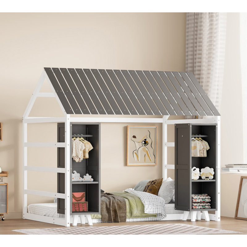 Lit en bois avec garde-robe mobile, gris