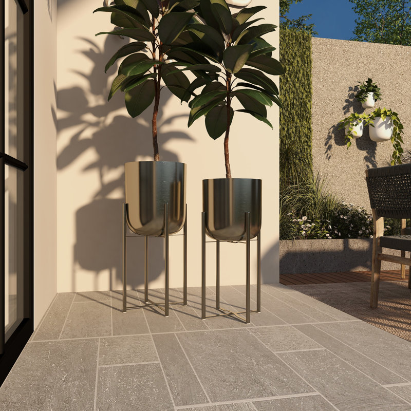 Silver Metal Indoor Outdoor Planter Set with Removable Stand, 19" and 22"