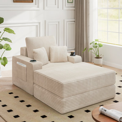 Beige Convertible Boneless Sofa Bed, Oversized Chaise Lounge With Foldable Ottoman, Cup Holder, No Assembly