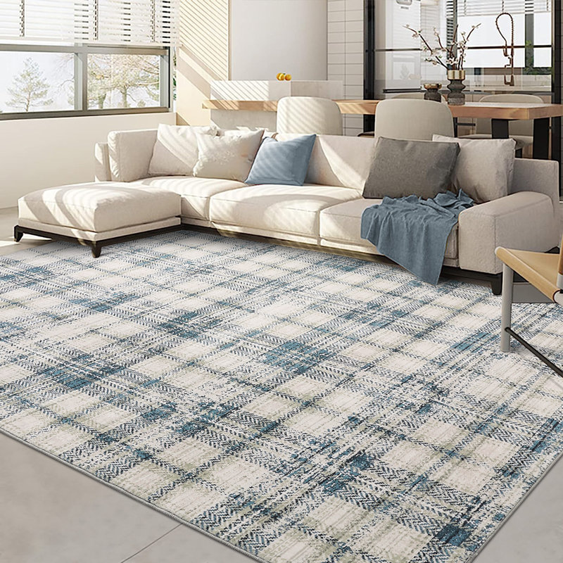 Machine Washable Rug Gingham Non-Slip Modern Rug for Living Room Bedroom Nursery Dining Table Stylish Carpet for Dorm and Bedside Decor