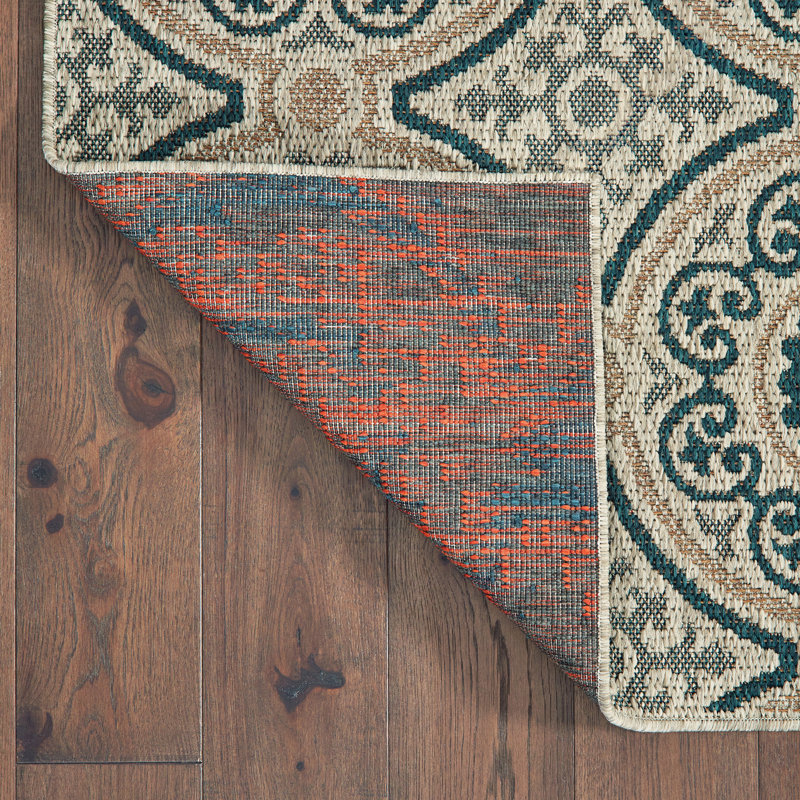 Tapis intérieur / extérieur gris / bleu sarcelle Izola, Rectangle 7 pi 10 po x 10 pi