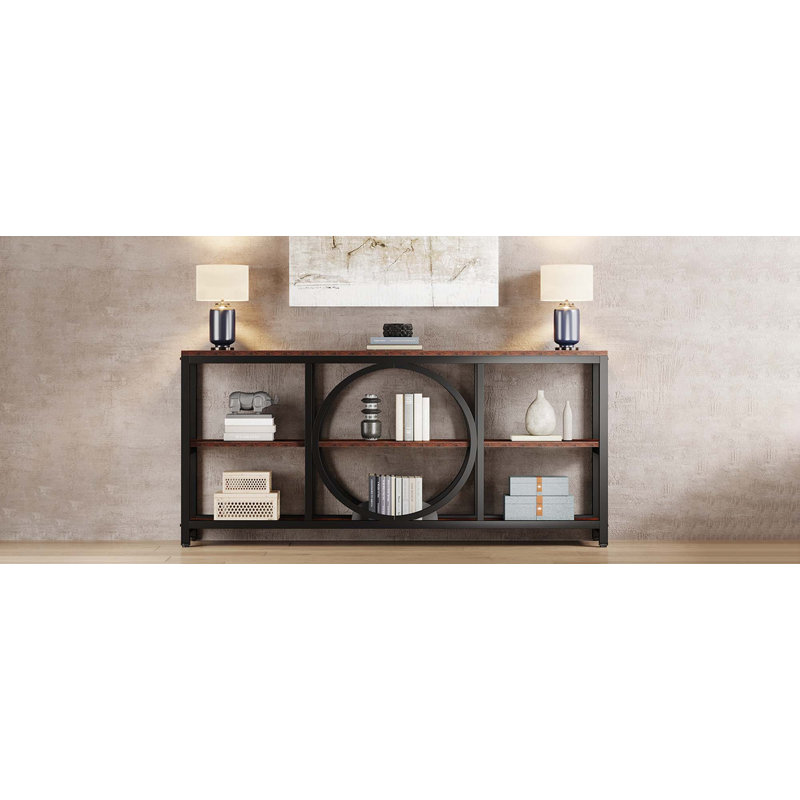 Rustic Industrial Extra Long 3-Tier Console Table With Unique Circular Frame, Perfect For Modern And Versatile Storage Solutions