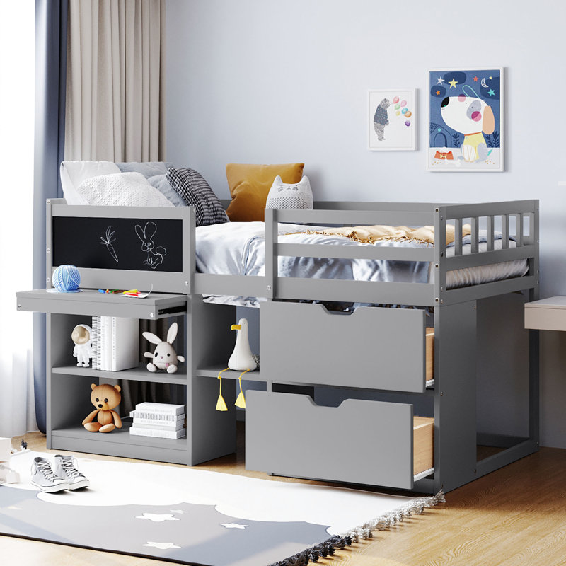 Lit mezzanine simple gris avec bureau roulant - Étagère et tiroir, Gris