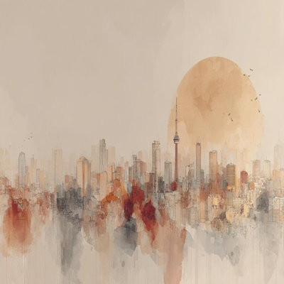 Papier peint abstrait ville, horizon, ville, décor urbain moderne beige
