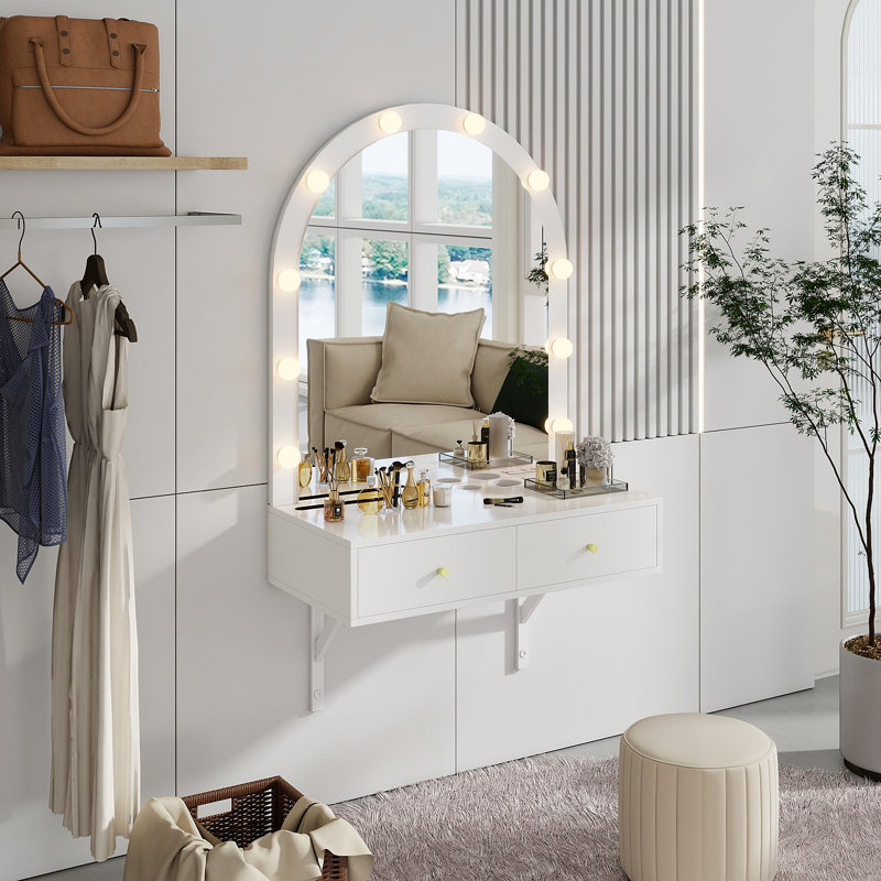 Meuble-lavabo flottant avec miroir et lumières tricolores, coiffeuse murale avec prise de courant, meuble-lavabo compact, grand rangement