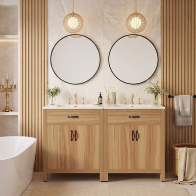 Meuble-lavabo autoportant de 60 po avec lavabo en céramique, cadre en bois massif, porte et tablette réglable et 1 tiroir (naturel)