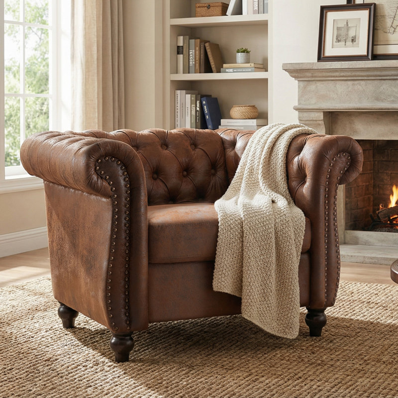 Fauteuil club avec accoudoirs à volutes, Marron foncé