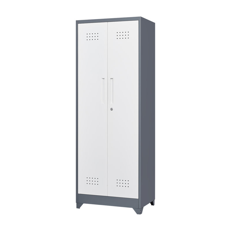 Broom Storage Cabinet With Locking Doors And Shelves, 65" H Metal Storage Cabinet With Hanging Rod & S-Hooks, Cleaning Tool Storage Cabinet