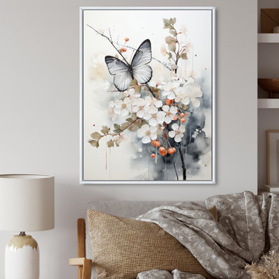 Keishasha, art asiatique, papillon blanc et gris sur toile