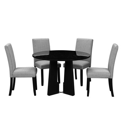 43-inch Round Dining Table With 4 Comfortable Upholstered Chairs - Stylish, 5 And Chair Construction,