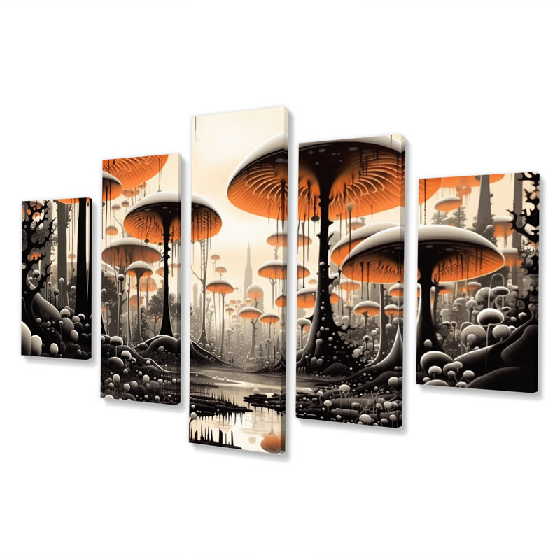 Magical Mushroom Retro Illustration I - Reproduction d'art mural abstrait paysage - 5 panneaux