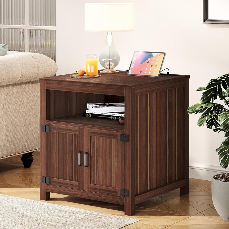 24" Farmhouse End Table With Charging Station, Large Side Table With Storage Cabinet And Open Shelf, Brown