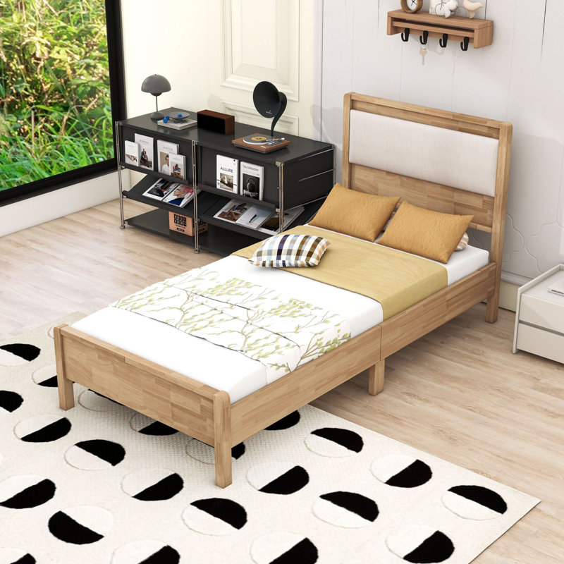 Wood Platform Bed with Upholstered Headboard, Twin XL, Natural