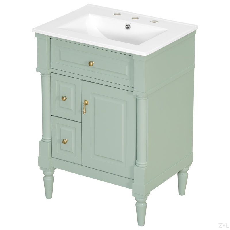 24 Inch Bathroom Vanity With Sink, Green Freestanding Bathroom Cabinet With Flip Drawer, Adjustable Shelf, Solid Rubberwood Frame, MDF Panels & Metal Handles