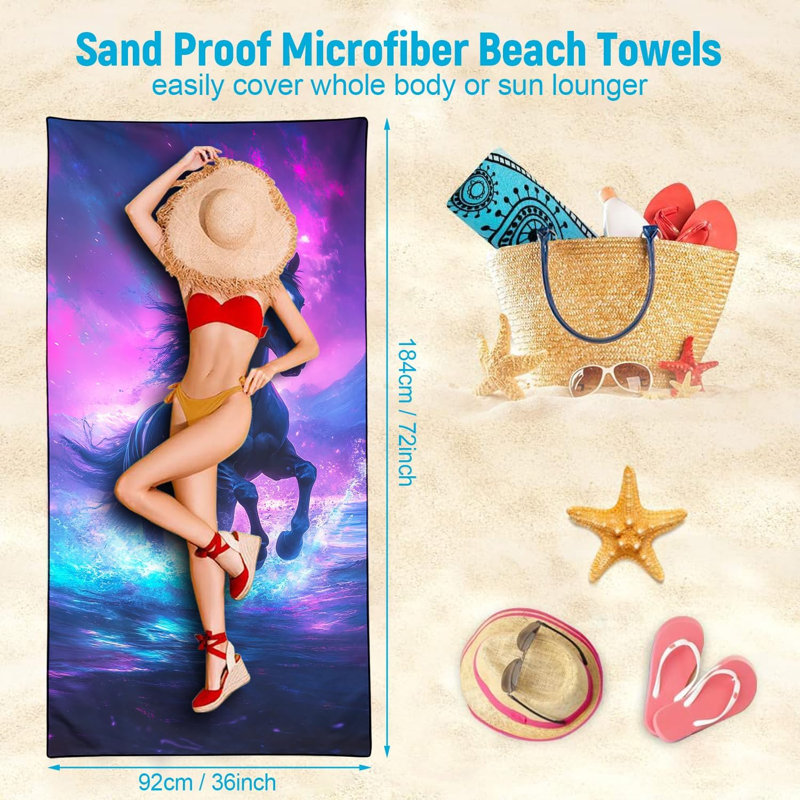 Serviette de plage noire surdimensionnée 32 po x 63 po, imprimé animal galaxie néon, serviettes en microfibre légère à séchage rapide sans sable pour le camping de plage