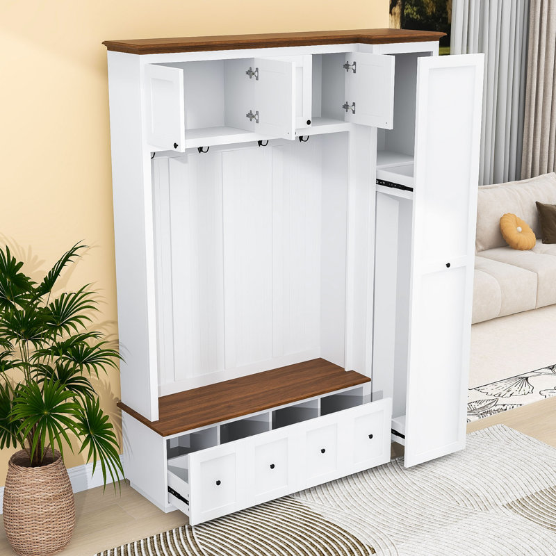 Entryway Hall Tree with Storage Bench, 4 Drawers, 2 Top Cabinets and 4 Hooks, White