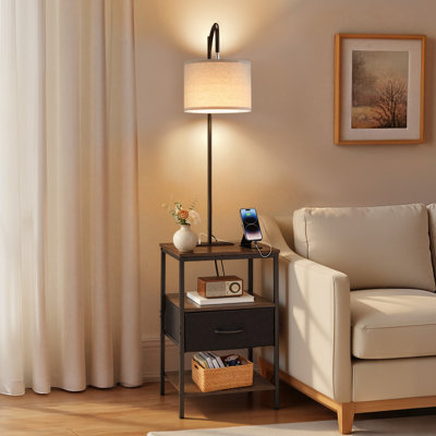 Floor Lamp with Table, 3-Tier End Table with Drawer and 3 Color Temperature Lighting, Modern Side Nightstand Bedside Desk with USB & Type C & AC Charging Port for Living Room, Bedroom, Dorm