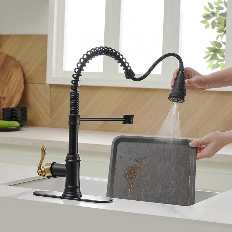Robinet de cuisine à une poignée et douchette extractible avec douchette avancée et douchette extractible, Noir mat / bronze