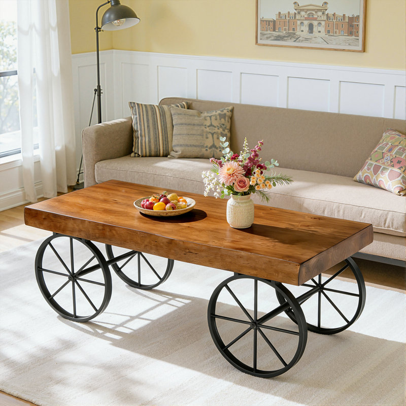 Table basse rectangulaire en bois massif de 47,24 po avec base de chariot industriel