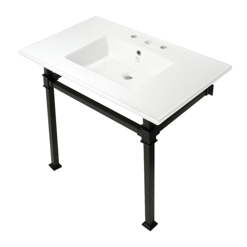 Kingston Brass Monarch 37-Inch Ceramic Console Sink with Stainless Steel Legs (8-Inch, 3-Hole), White/Matte Black