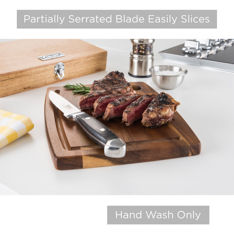 Viking Steakhouse Pakka Wood 6-Piece Steak Knife Set with Wooden Box, Red