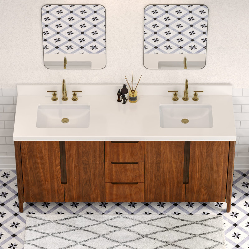 Sequoia 72 In. Double Sink Whitebrook Quartz Countertop Bath Vanity in Mango Wood With Chrome Faucet, Mango Wood, Gold