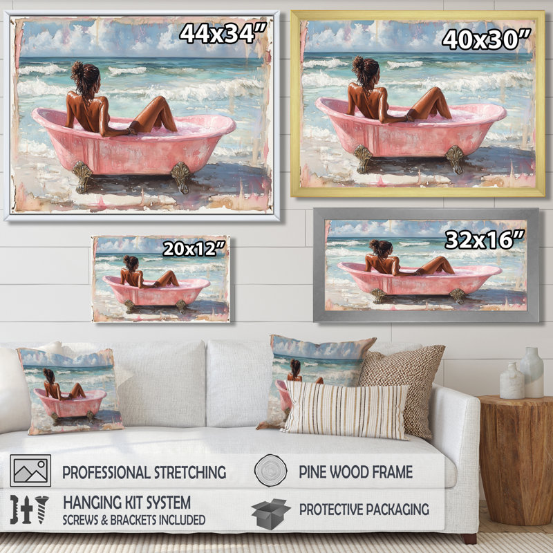 Femme dans une baignoire sur Palm Beach I - Art mural de salle de bain, salon, Toile avec cadre flottant noir