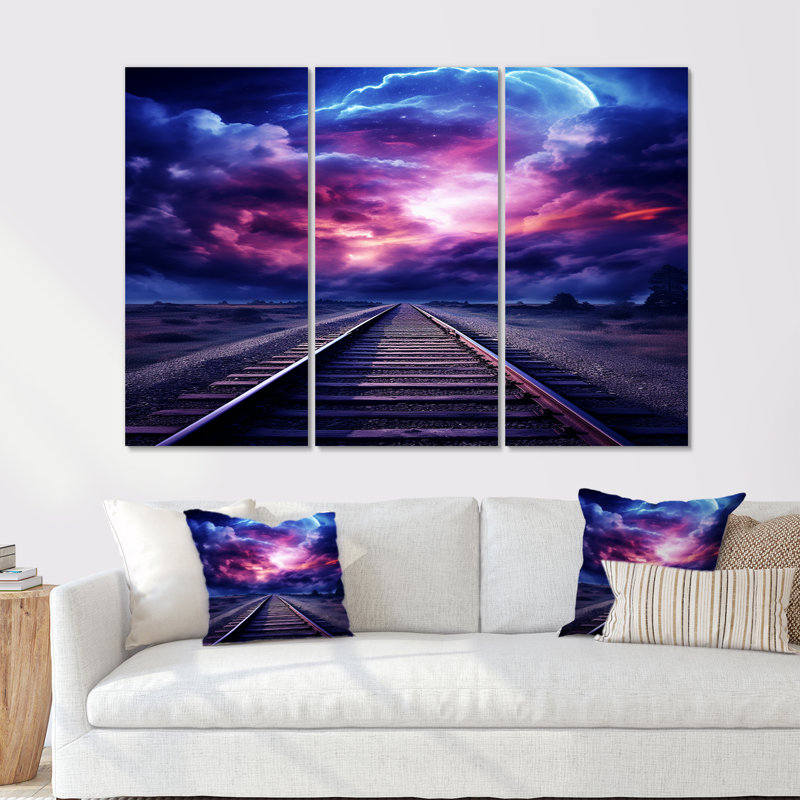 Lavande, train, rails, fuchsia, coucher de soleil I - ensemble d'art mural train, Toile tendue, H 40 po x l 60 po x P 1 po