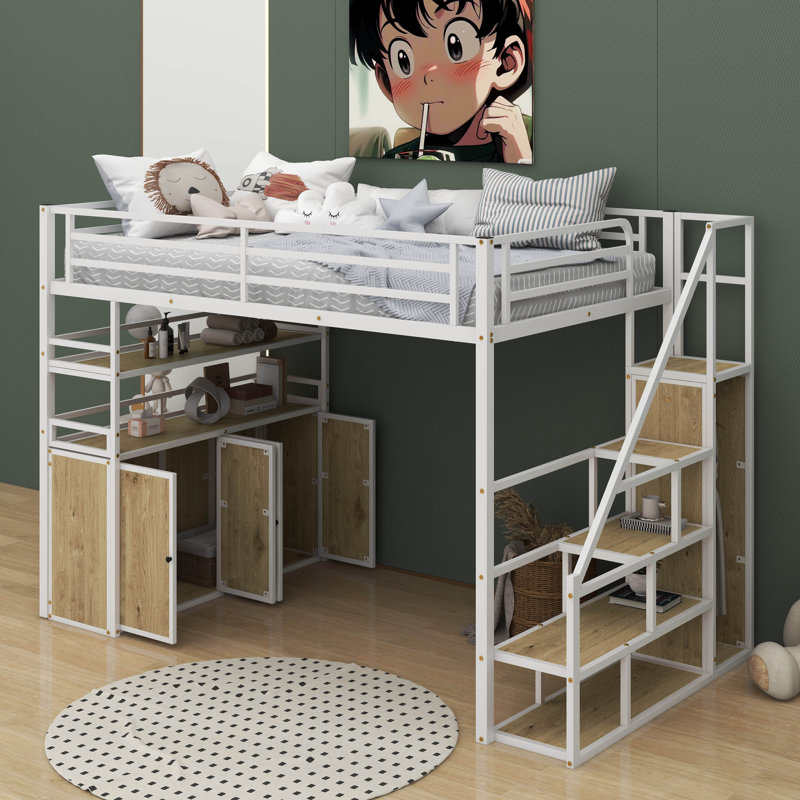 Lit mezzanine double en métal avec garde-robe de rangement, Blanc / Brun