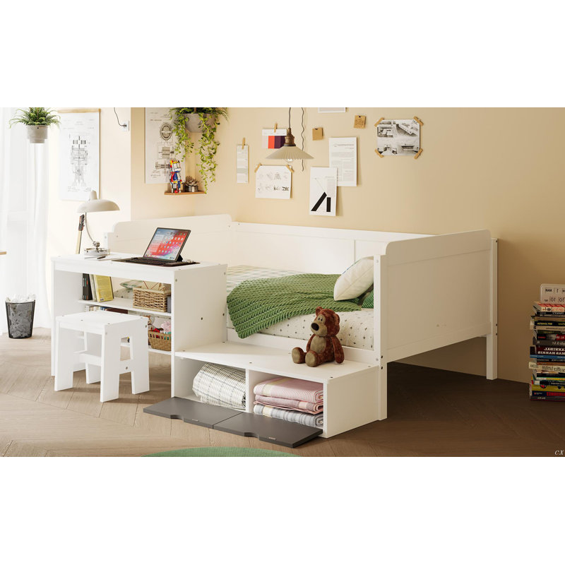 Wooden Twin Size Daybed With Storage Shelves And Lockers, Multi-Functional Bed With Study Desk And Matching Stool, White