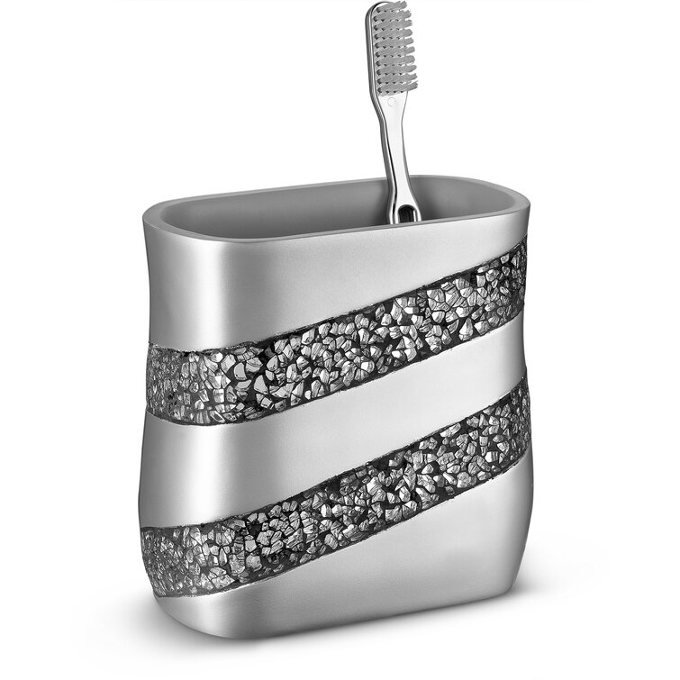 Creative Scents Silver Bathroom Accessories Set - Mosaic Glass 6 Piece Bathroom Set Includes: Toilet Brush and Holder Set, Tissue Box Cover, Toothbrus