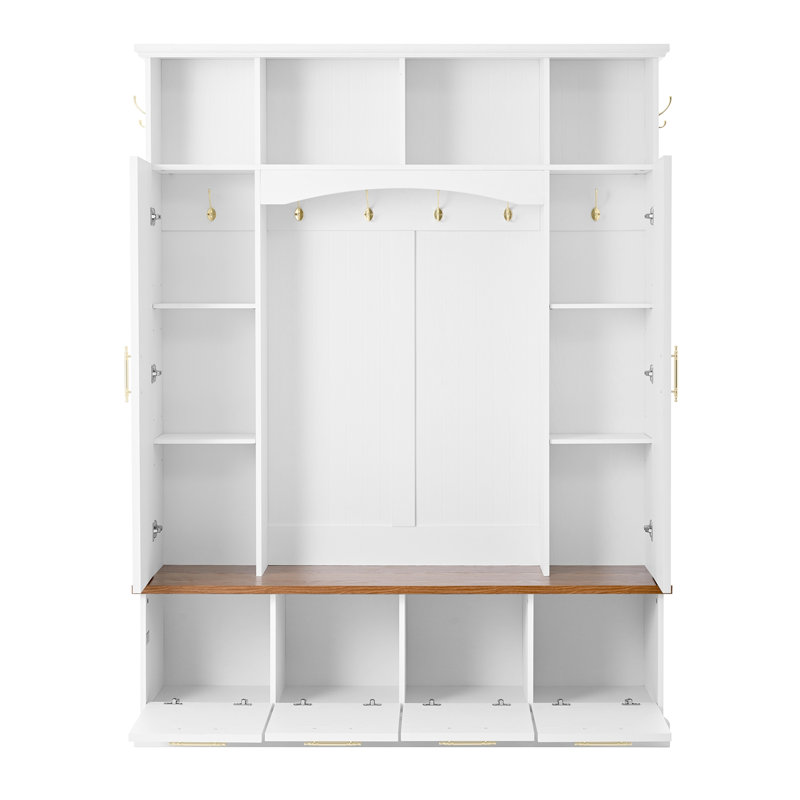 4-IN-1 Elegant Hall Tree with Golden Hooks & Handles, Practical Entryway Walnut Bench with Adjustable Shelves, White