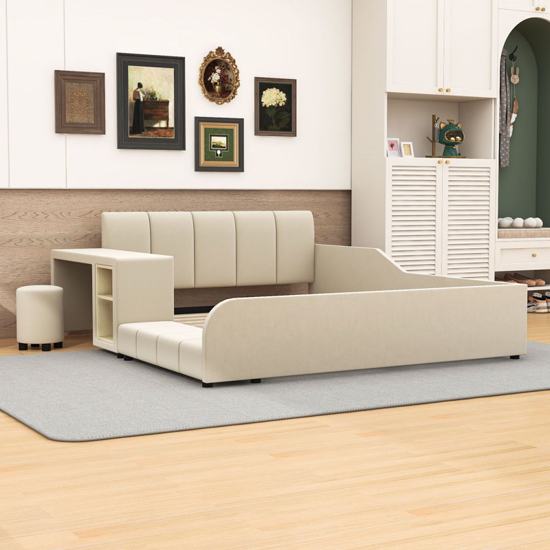 Lit plateforme tapissier luxueux en velours avec bureau, tabouret rond et rails de sécurité, Double, Beige
