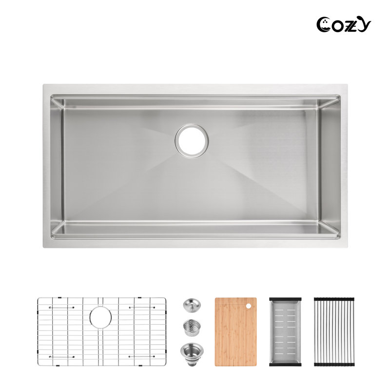 36" L Single Bowl Undermount Handmade Stainless Steel Kitchen Workstation Sink with Colander, Basket Strainer, Cutting Board, Dish Rack
